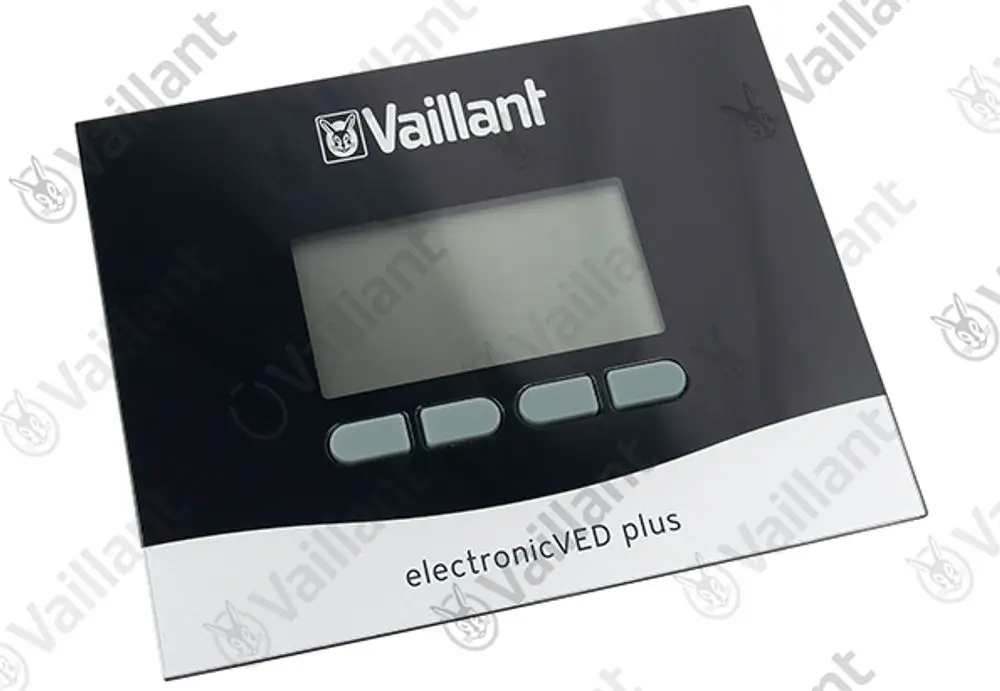 Vaillant Display mit mehreren Tasten und einem LCD-Bildschirm zur Anzeige von Informationen. Das Design ist in Schwarz und Silber gehalten.